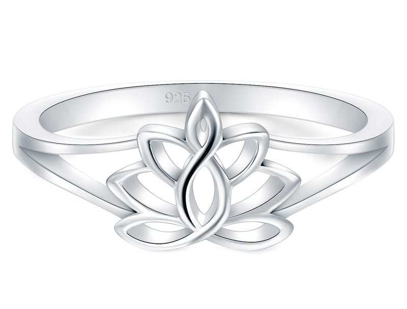 BORUO 925 Sterling Silver Ring, Lotus Flower Yoga High Polish Tarnish Resistant Comfort Fit Wedding Band 2mm Ring Size 9 - Image 1